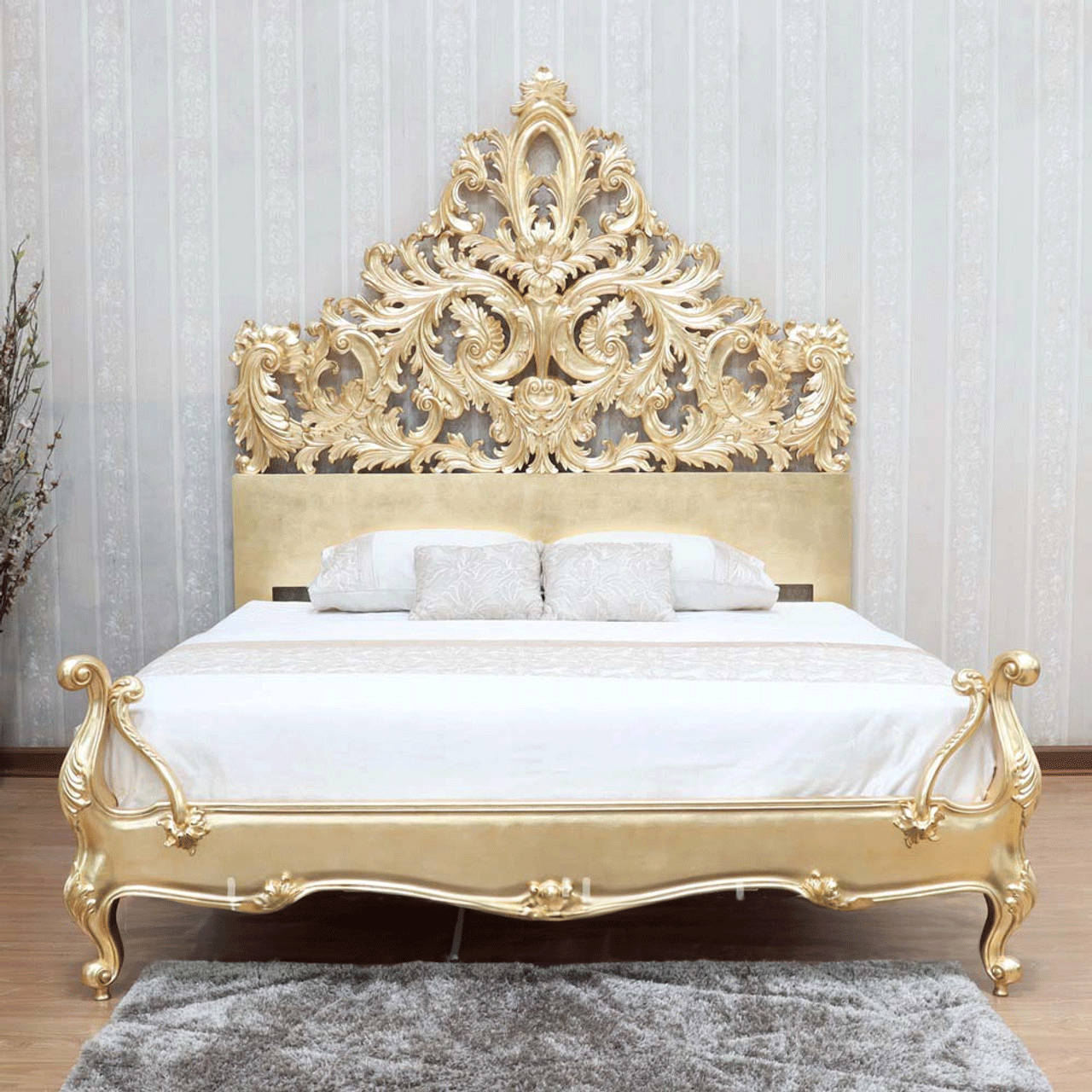 Crown Gold Leaf Hand Carved Bed Frame – handcrafted solid wood furniture