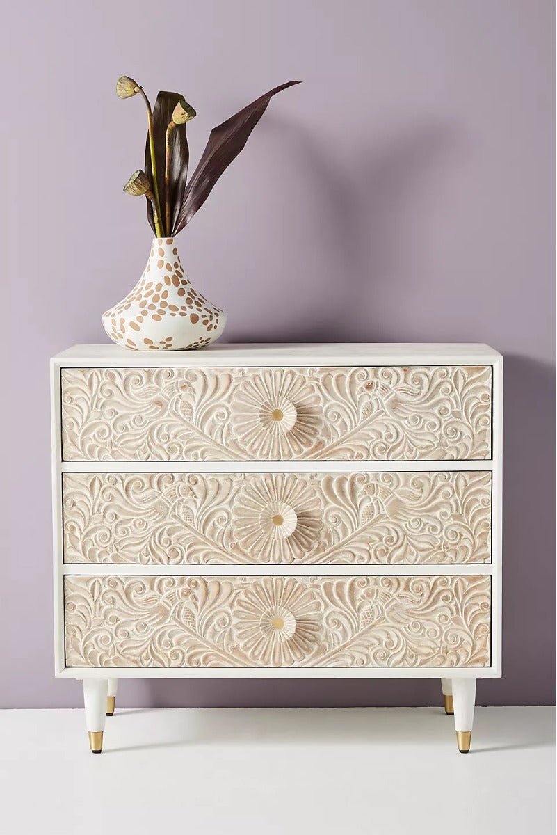Bohemian Indian Hand carved Three Drawer Dresser – handcrafted solid wood furniture