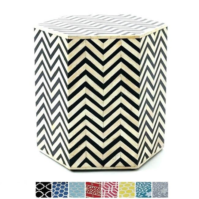 BONE INLAY HEXAGONAL DRUM SIDE TABLE - LARGE - Mother of Pearl - Red - Floral – handcrafted solid wood furniture