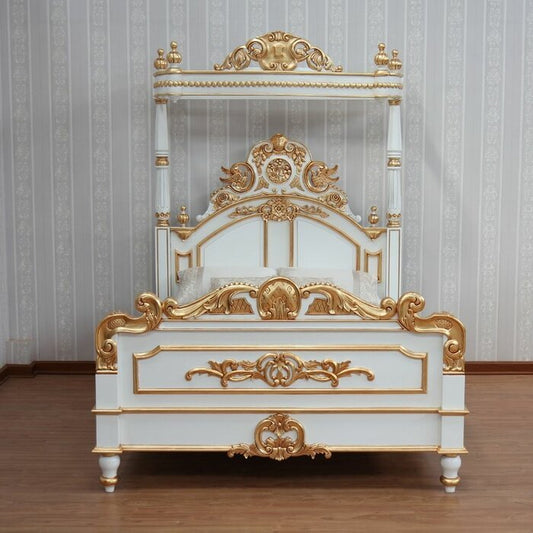 Crown Solid Mango Wood Antique White/Gold Poster Canopy Bed β handcrafted solid wood furniture