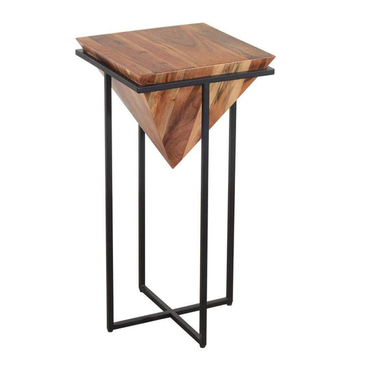 DAPITAN Pyramid Shape Wooden Side Table With Cross Metal Base Accent Table β handcrafted solid wood furniture