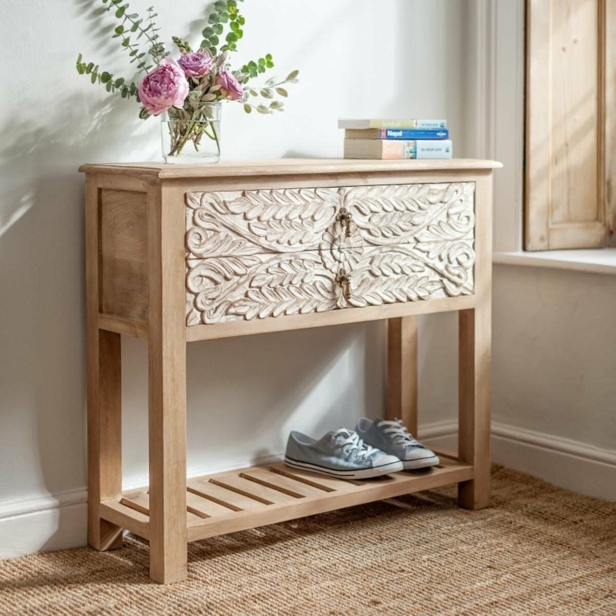 Floral Accent Hand Carved Solid Wood 2 Drawers Hall Side Table – handcrafted solid wood furniture