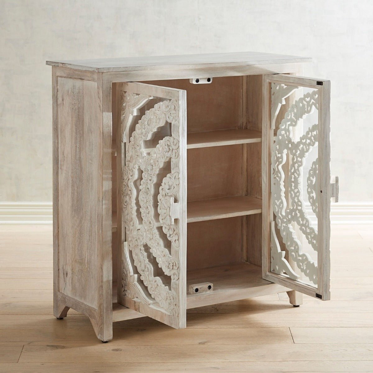FRENCH ARCHED FLORAL CARVED GLASS DOOR SIDEBOARD – handcrafted solid wood furniture