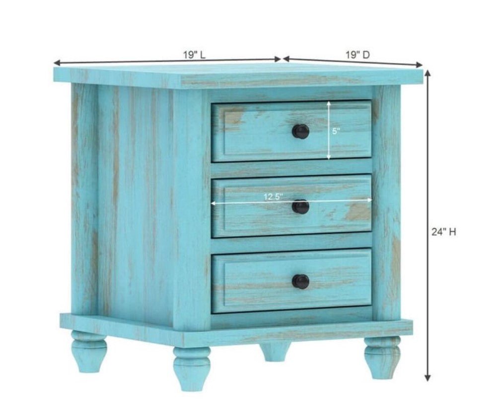 Hand Carved Turquoise Solid Mango Wood 3 Drawer Bedside / Nightstand – handcrafted solid wood furniture