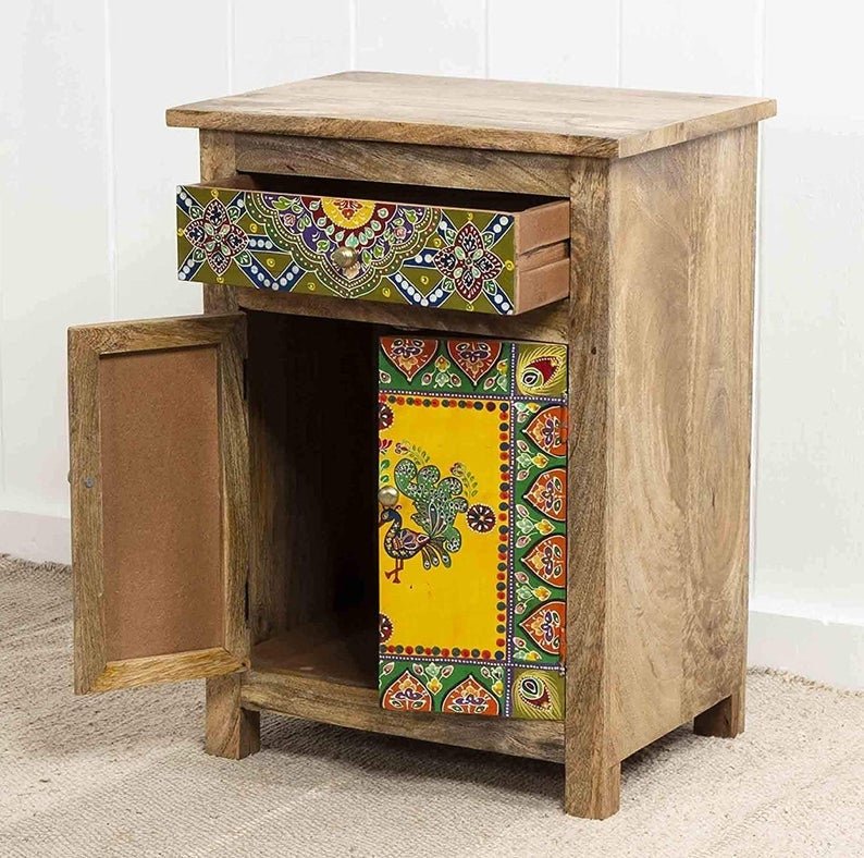 Hand Painted Wooden Bedside Table and Cabinet – handcrafted solid wood furniture