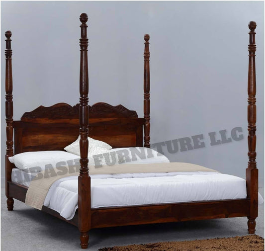 Hibashi Solid Wood Four Poster Platform Bed Frame w Headboard – handcrafted solid wood furniture