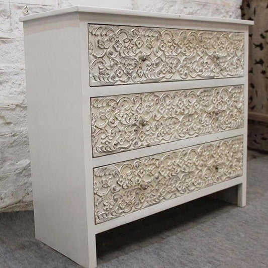 India Handcarved Mango Wood 3 Drawer Dresser – handcrafted solid wood furniture
