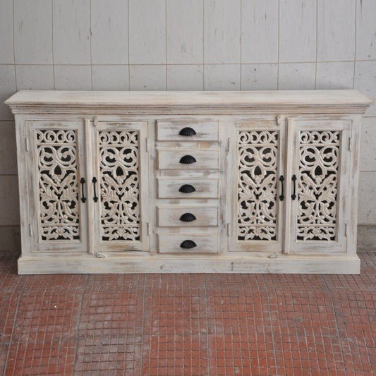 JALI SOLID 5 DRAWERS WOODEN SIDEBOARD - White wash - 180 - 40 - 90 – handcrafted solid wood furniture