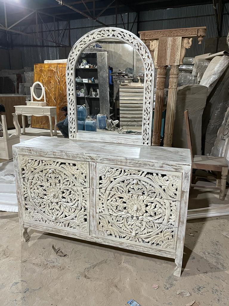 Lombok Hand Carved Wooden Six Drawer Dresser With Mirror – handcrafted solid wood furniture