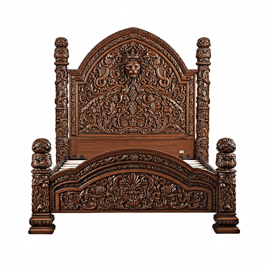 🪶 Majestic Lion Hand - Carved Solid Mango Wood Bed / 3 - Piece Bedroom Set – handcrafted solid wood furniture