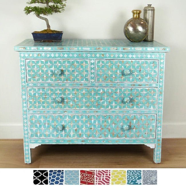 Mother of Pearl Star Geometrical Design 4 Drawer Chest – handcrafted solid wood furniture