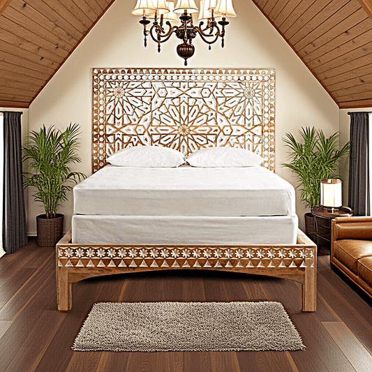 Mughal Garden Geometrical Carved Natural Frame 2 Tone by Hibashi Furniture – handcrafted solid wood furniture made in India