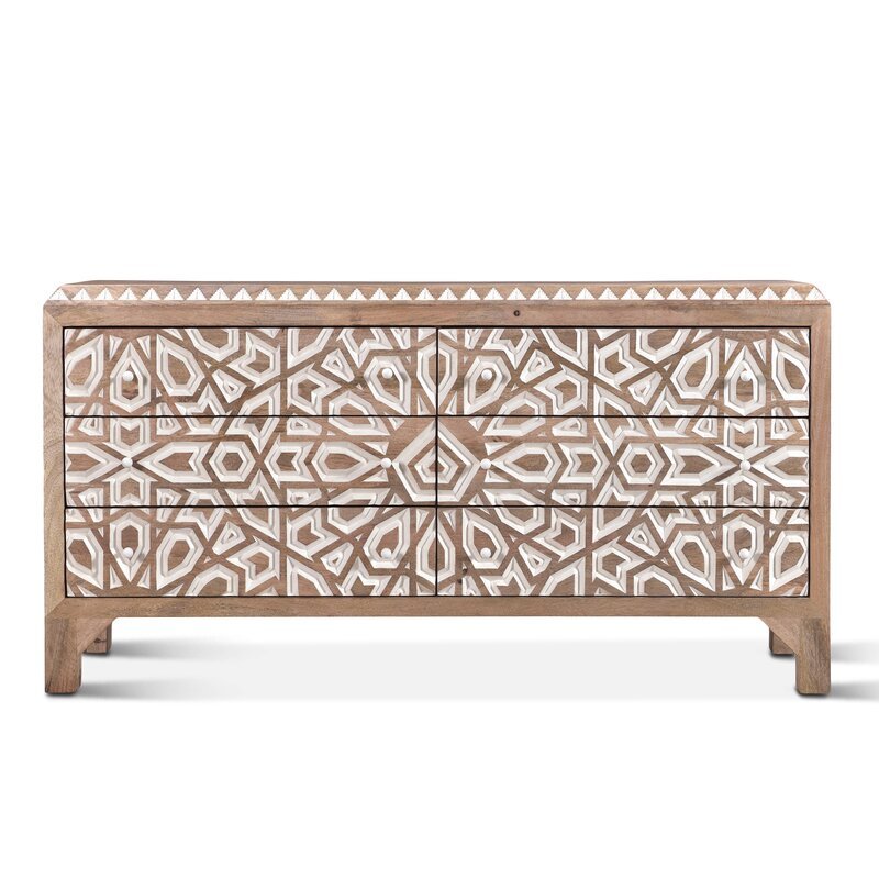 Mughal Garden Geometrical Hand Carved Natural 6 Drawers 2 Tone Dresser – handcrafted solid wood furniture