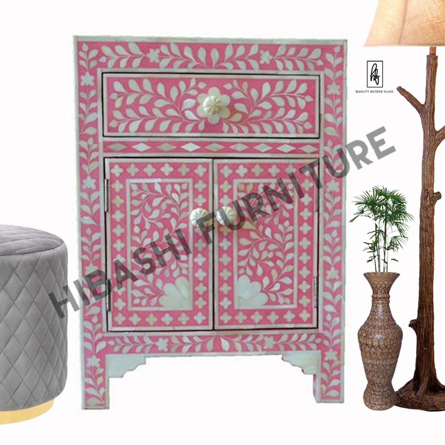 Rustic Floral Bone Inlay Handmade Bedside Table – handcrafted solid wood furniture