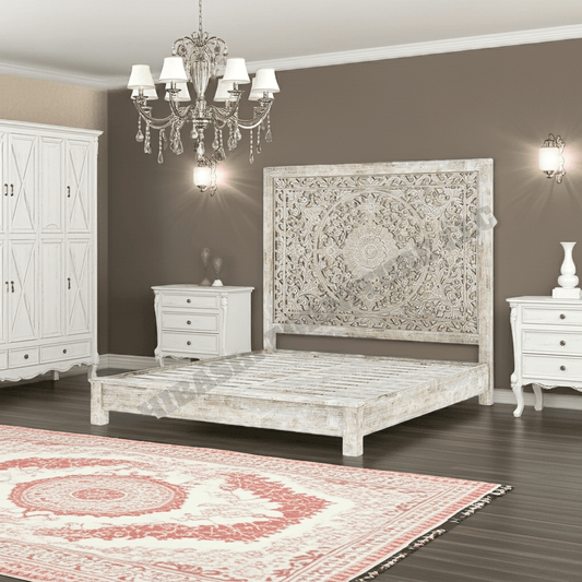 Sunflower Design Hand Carved Solid Wooden Bed Frame – handcrafted solid wood furniture