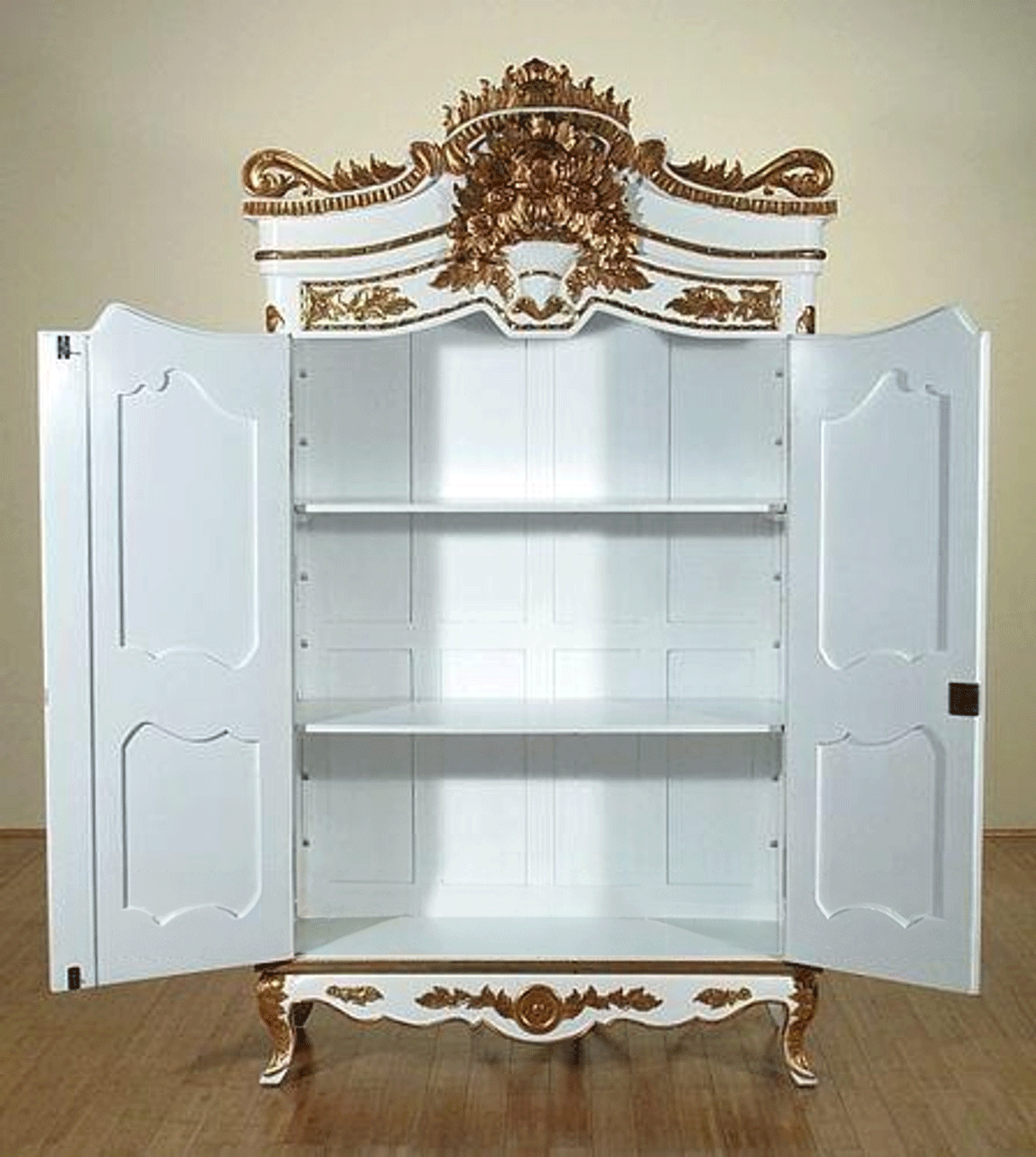 Crown Gold Leaf Antique White/Gold Cabinet – handcrafted solid wood furniture