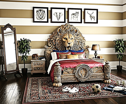 Imperial Lion Throne Carved Platform Platform Bed & Bedroom Set – Handcrafted Solid Wood Masterpiece