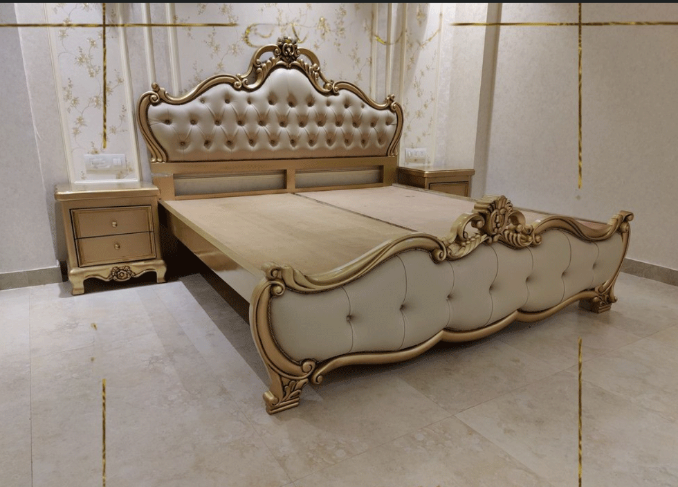 Crown Golden Hand Carved Antique Bed – handcrafted solid wood furniture