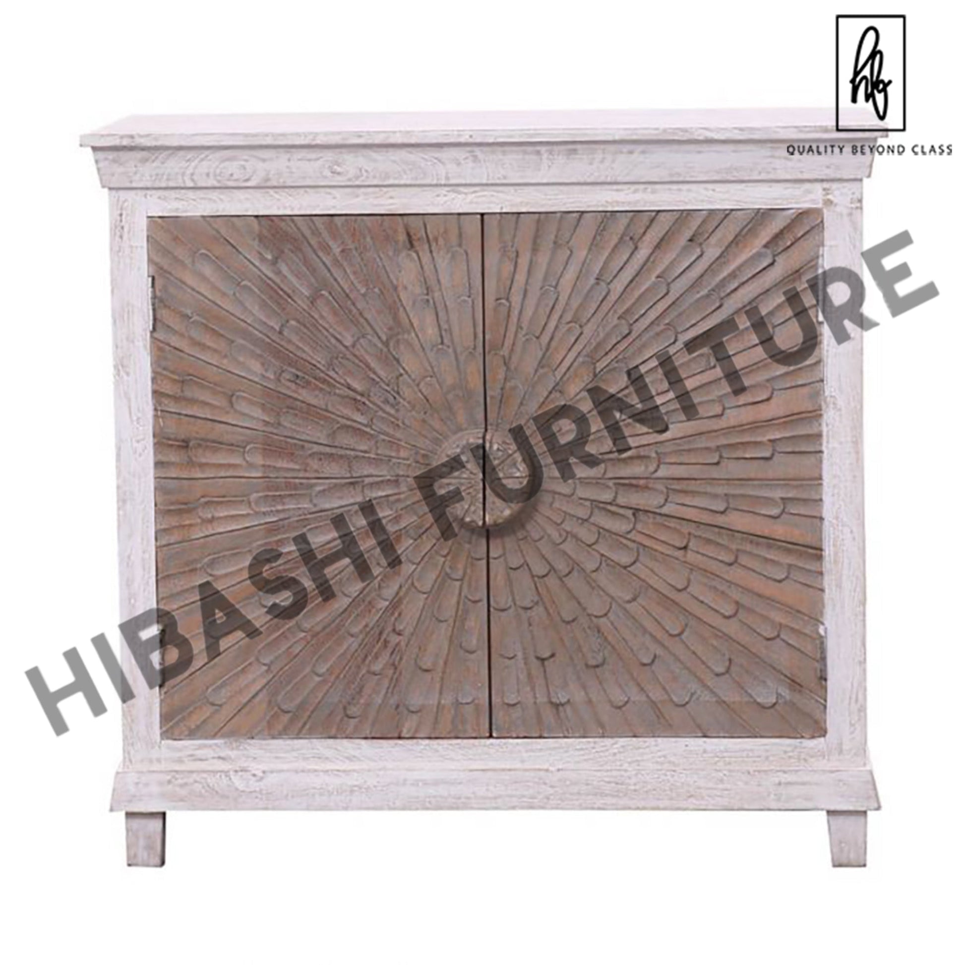 Adliya Sunburst Hand Carved Two Tone Solid Wood Storage Cabinet – handcrafted solid wood furniture