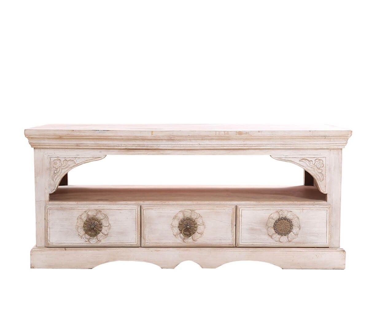 AKAP White Solid Wood 3 Drawer Media Cabinet – handcrafted solid wood furniture