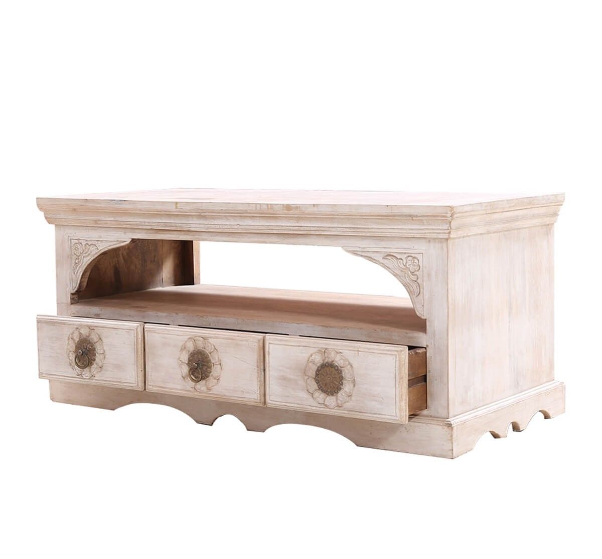 AKAP White Solid Wood 3 Drawer Media Cabinet – handcrafted solid wood furniture