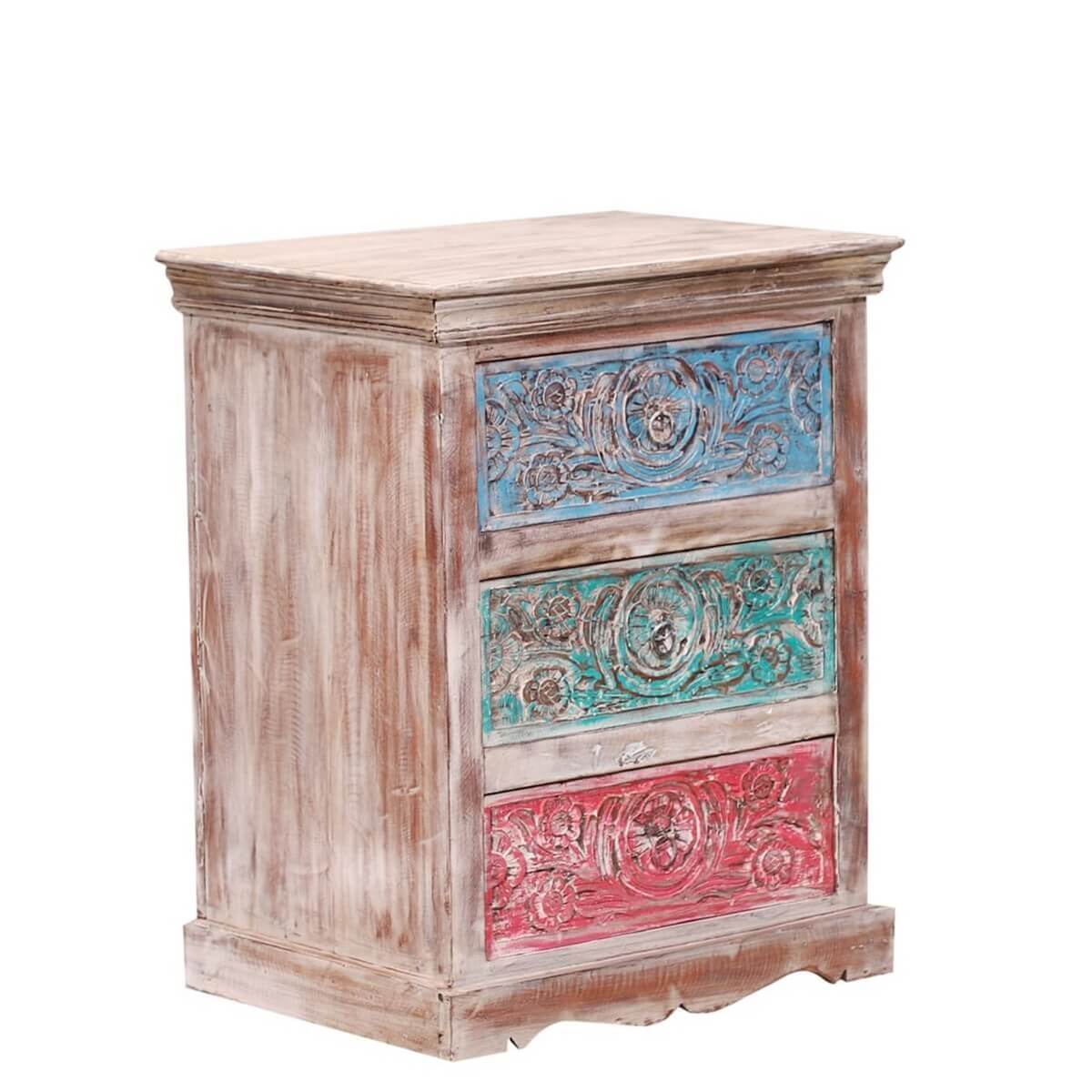 Alamance Hand carved Reclaimed Wood 3 Drawer Nightstand – handcrafted solid wood furniture