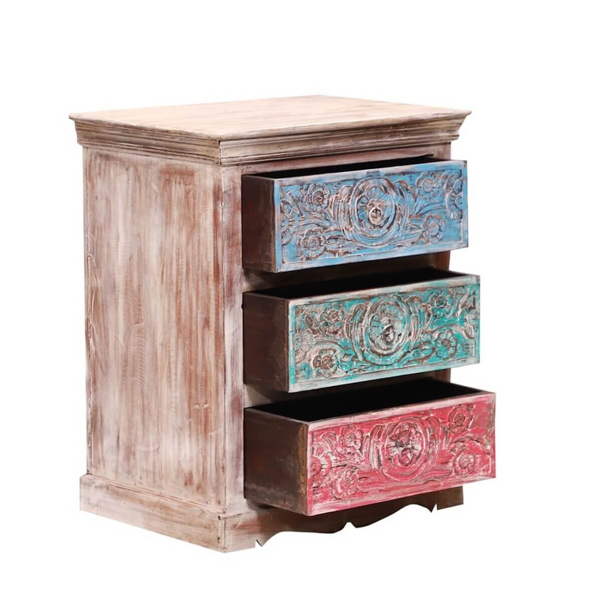 Alamance Hand carved Reclaimed Wood 3 Drawer Nightstand – handcrafted solid wood furniture