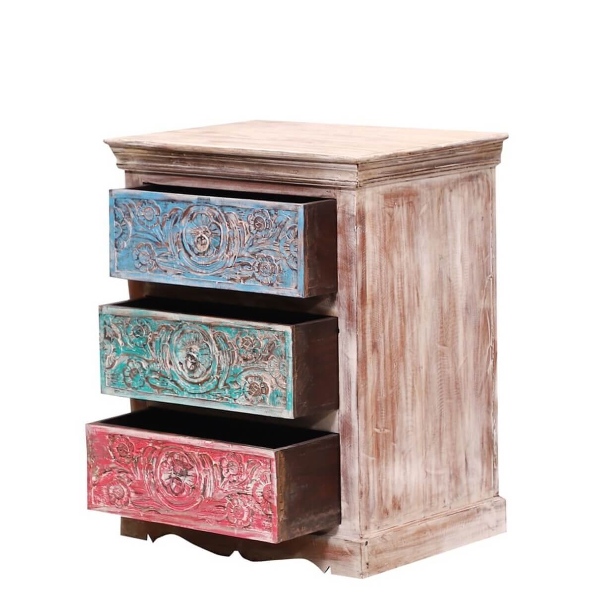Alamance Hand carved Reclaimed Wood 3 Drawer Nightstand – handcrafted solid wood furniture