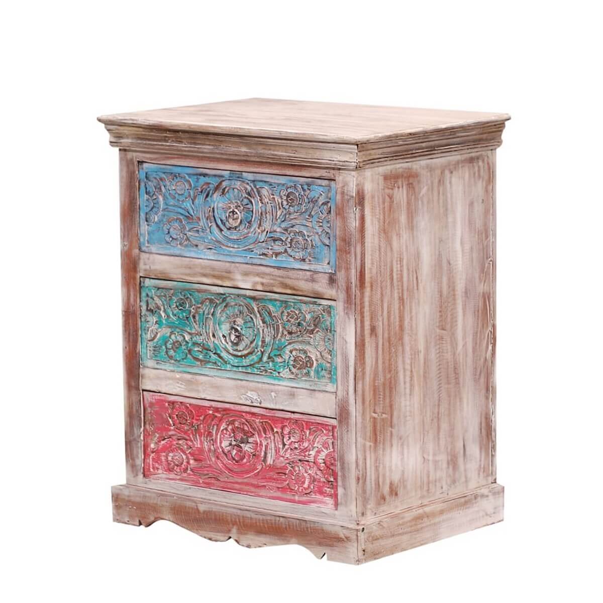 Alamance Hand carved Reclaimed Wood 3 Drawer Nightstand – handcrafted solid wood furniture
