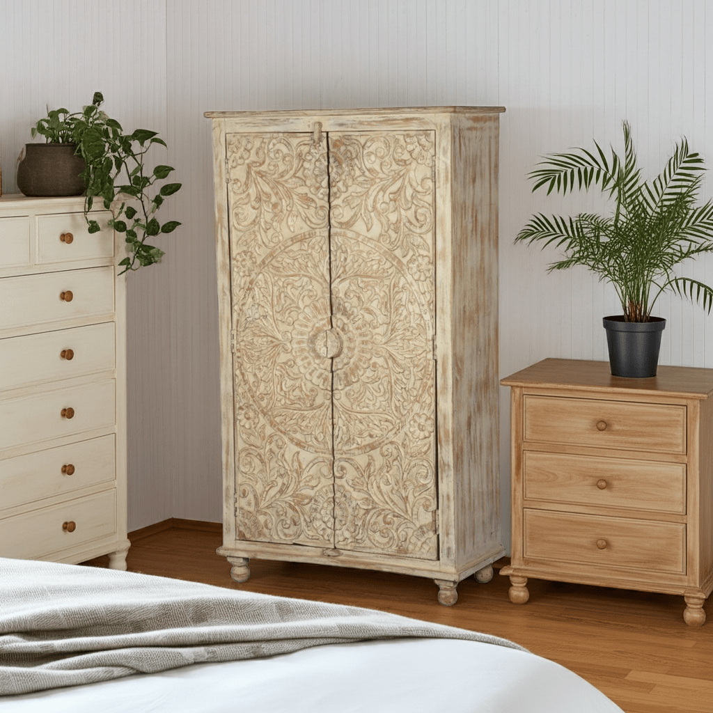 Alona Hand carved Solid Wood Distressed White Armoire w Shelves – handcrafted solid wood furniture