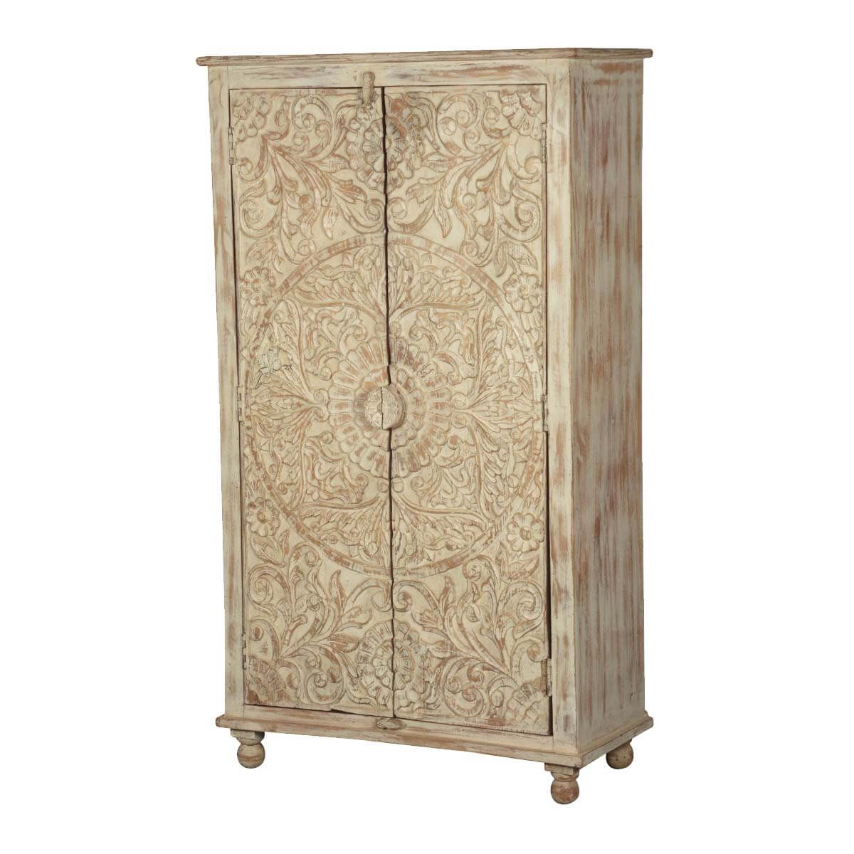 Alona Hand carved Solid Wood Distressed White Armoire w Shelves – handcrafted solid wood furniture
