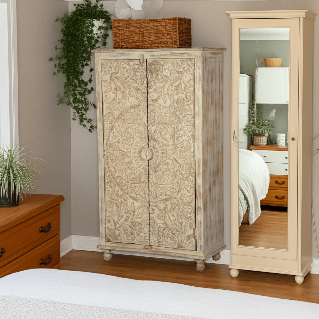 Alona Hand carved Solid Wood Distressed White Armoire w Shelves – handcrafted solid wood furniture