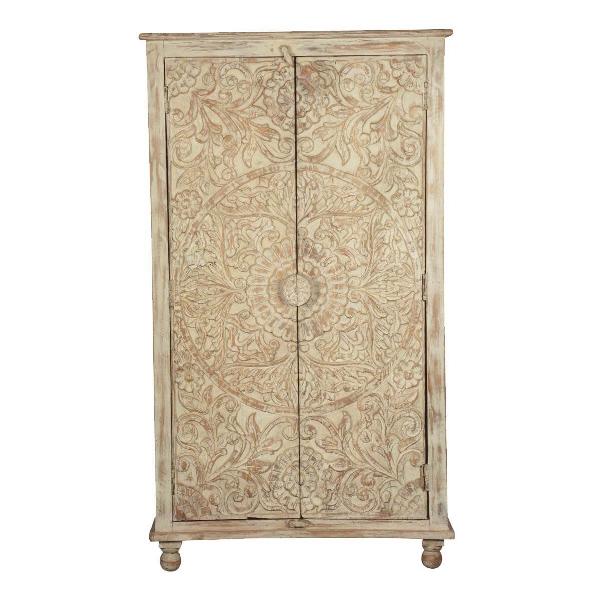 Alona Hand carved Solid Wood Distressed White Armoire w Shelves – handcrafted solid wood furniture