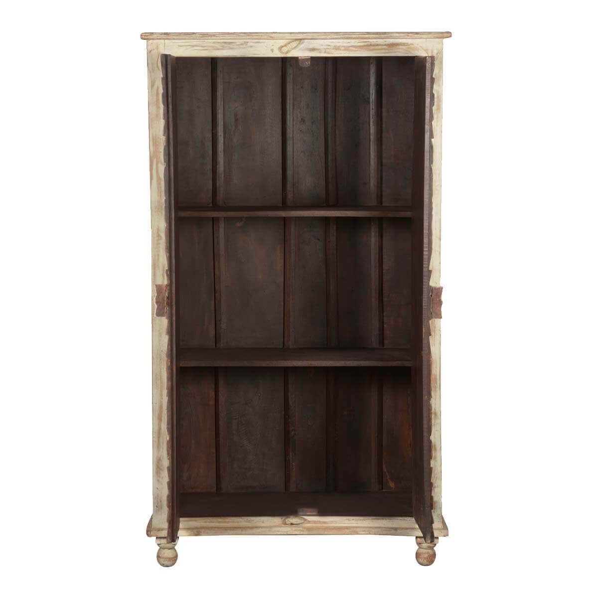 Alona Hand carved Solid Wood Distressed White Armoire w Shelves – handcrafted solid wood furniture