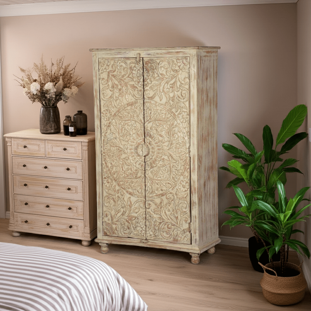 Alona Hand carved Solid Wood Distressed White Armoire w Shelves – handcrafted solid wood furniture