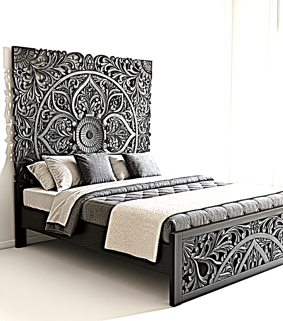 Amani Hand Carved Indian Solid wooden bed frame White by R-Designs Furniture – handcrafted solid wood furniture made in India