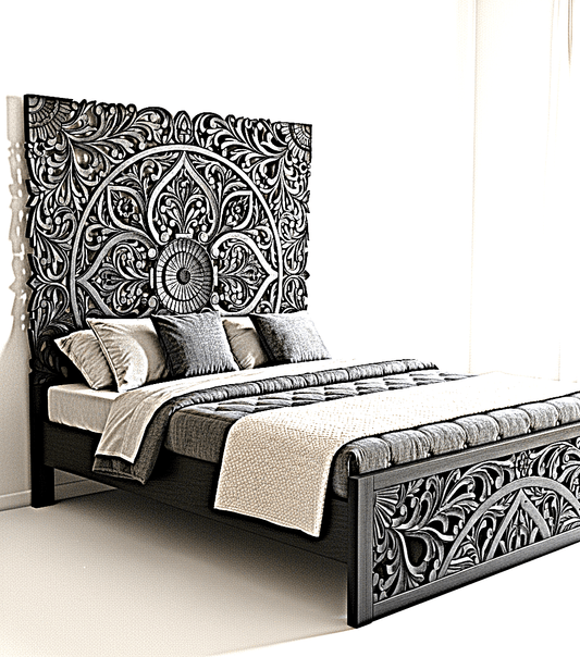 Amani Hand Carved Indian Solid wooden bed frame White by R-Designs Furniture – handcrafted solid wood furniture made in India