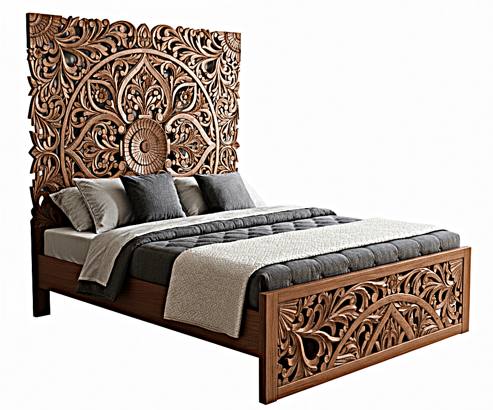 Amani Hand Carved Indian Solid wooden bed frame White – handcrafted solid wood furniture