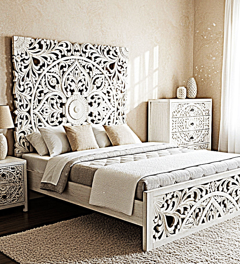 Amani Hand Carved Indian Solid wooden bed frame White – handcrafted solid wood furniture