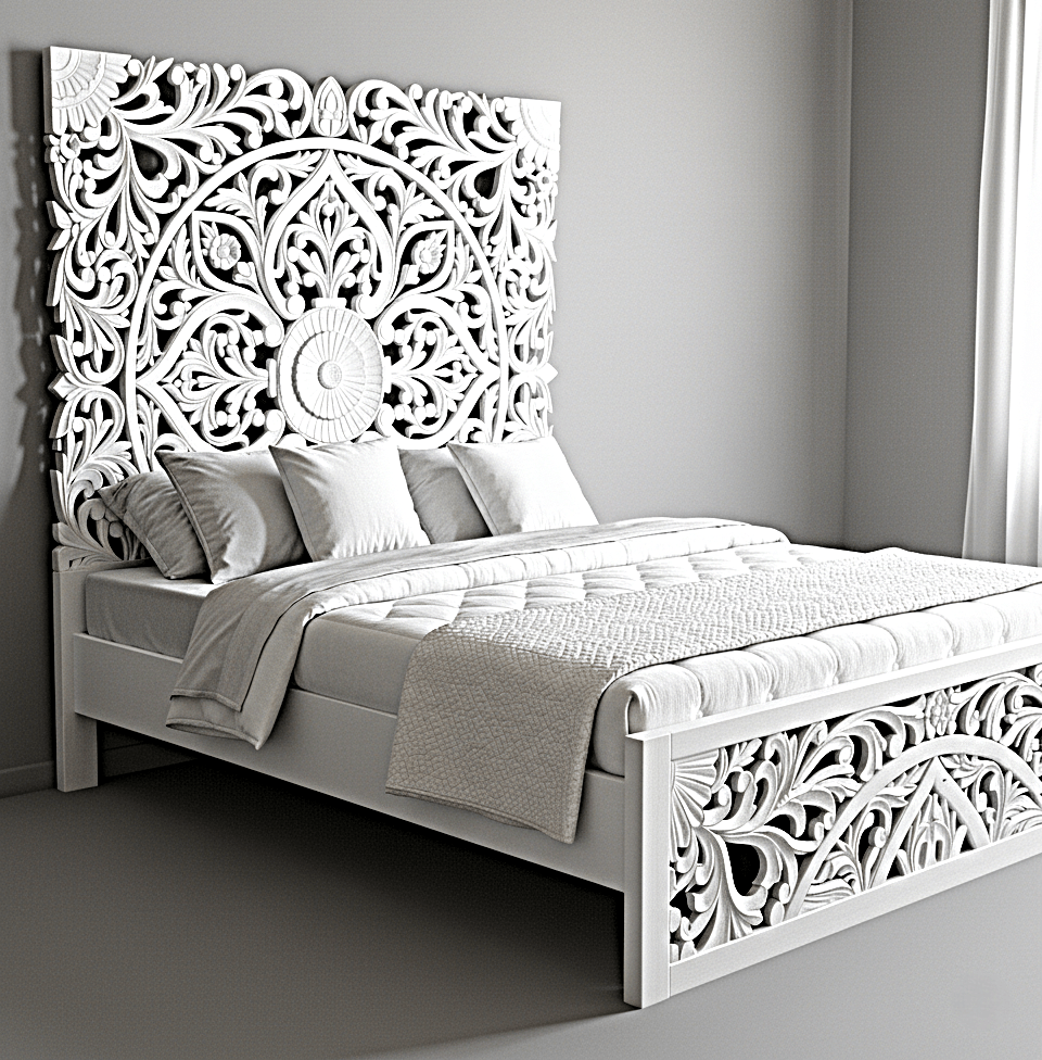 Amani Hand Carved Indian Solid wooden bed frame White – handcrafted solid wood furniture
