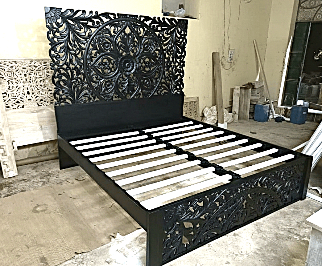 Amani Hand Carved Indian Solid wooden bed frame White by Hibashi Furniture – handcrafted solid wood furniture made in India