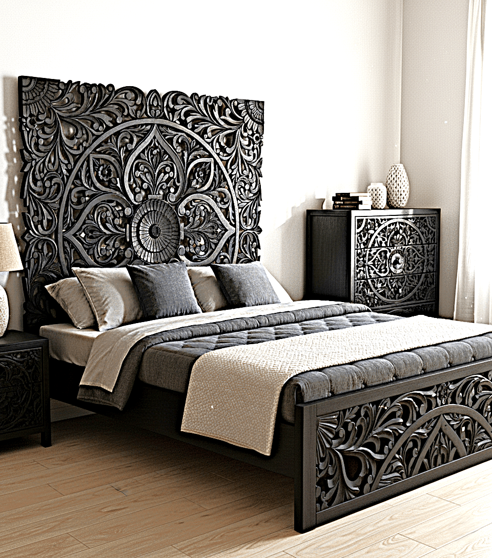 Amani Hand Carved Indian Solid wooden bed frame White by Hibashi Furniture – handcrafted solid wood furniture made in India