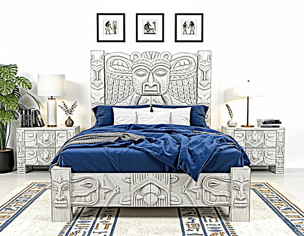 Ancestral Totem Hand-Carved Solid Wooden Gothic Platform Bed by Hibashi Furniture—handcrafted solid wood furniture