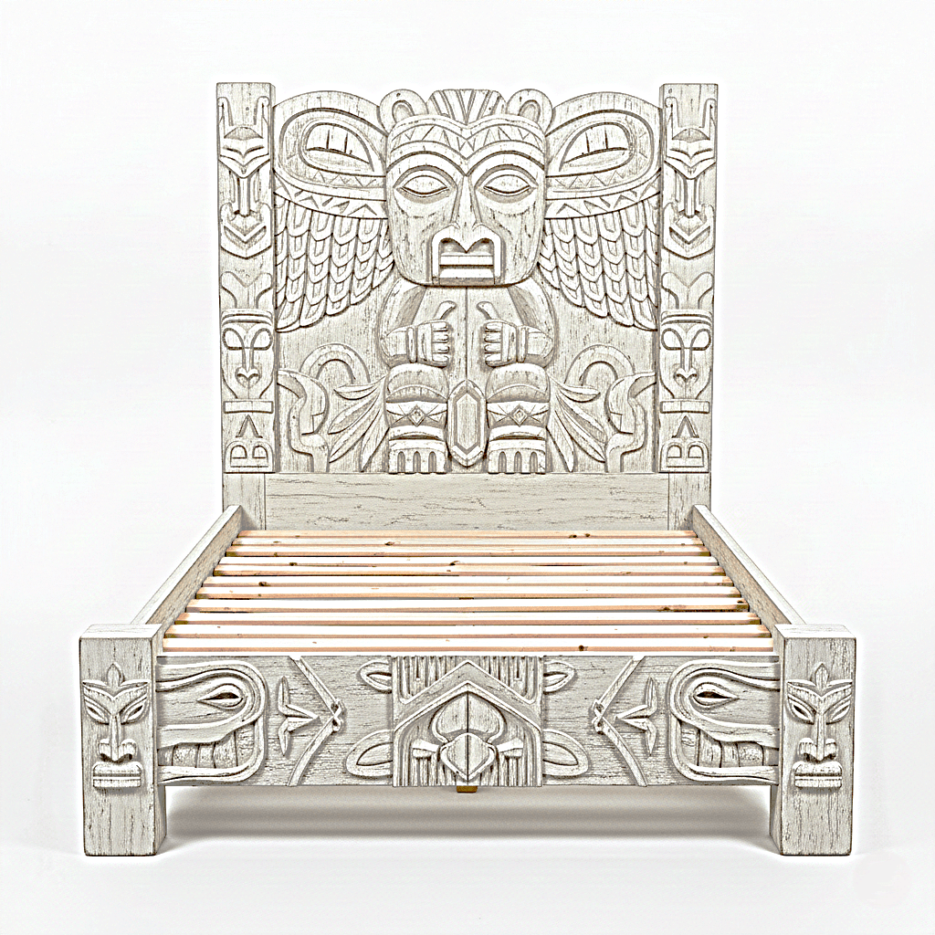 Ancestral Totem Hand-Carved Solid Wooden Gothic Platform Bed by R-Designs Furniture—handcrafted solid wood furniture