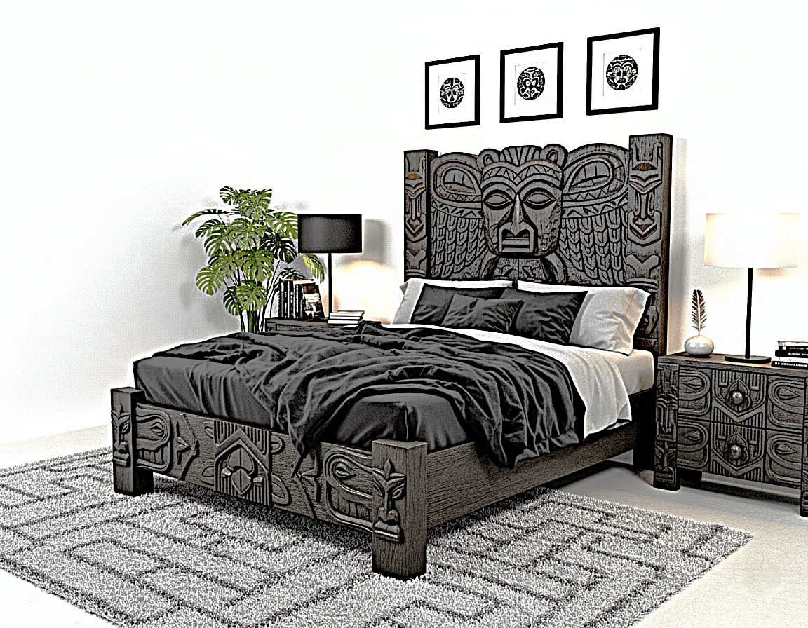 Ancestral Totem Hand-Carved Solid Wooden Gothic Platform Bed by Hibashi Furniture—handcrafted solid wood furniture