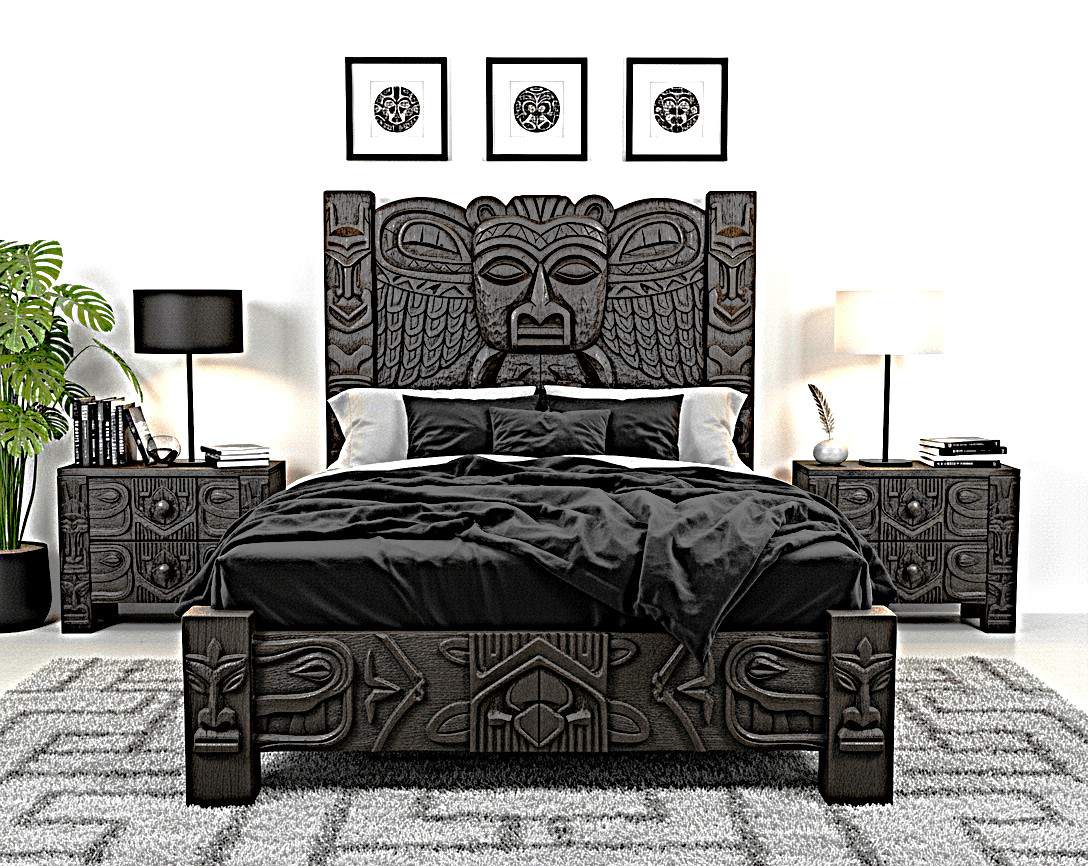 Ancestral Totem Hand-Carved Solid Wooden Gothic Platform Bed by Hibashi Furniture—handcrafted solid wood furniture