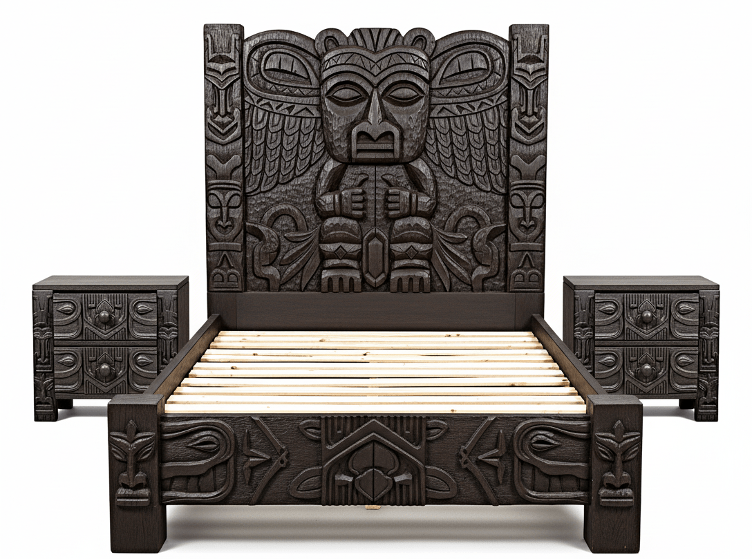Ancestral Totem Hand-Carved Solid Wooden Gothic Platform Bed by Hibashi Furniture—handcrafted solid wood furniture