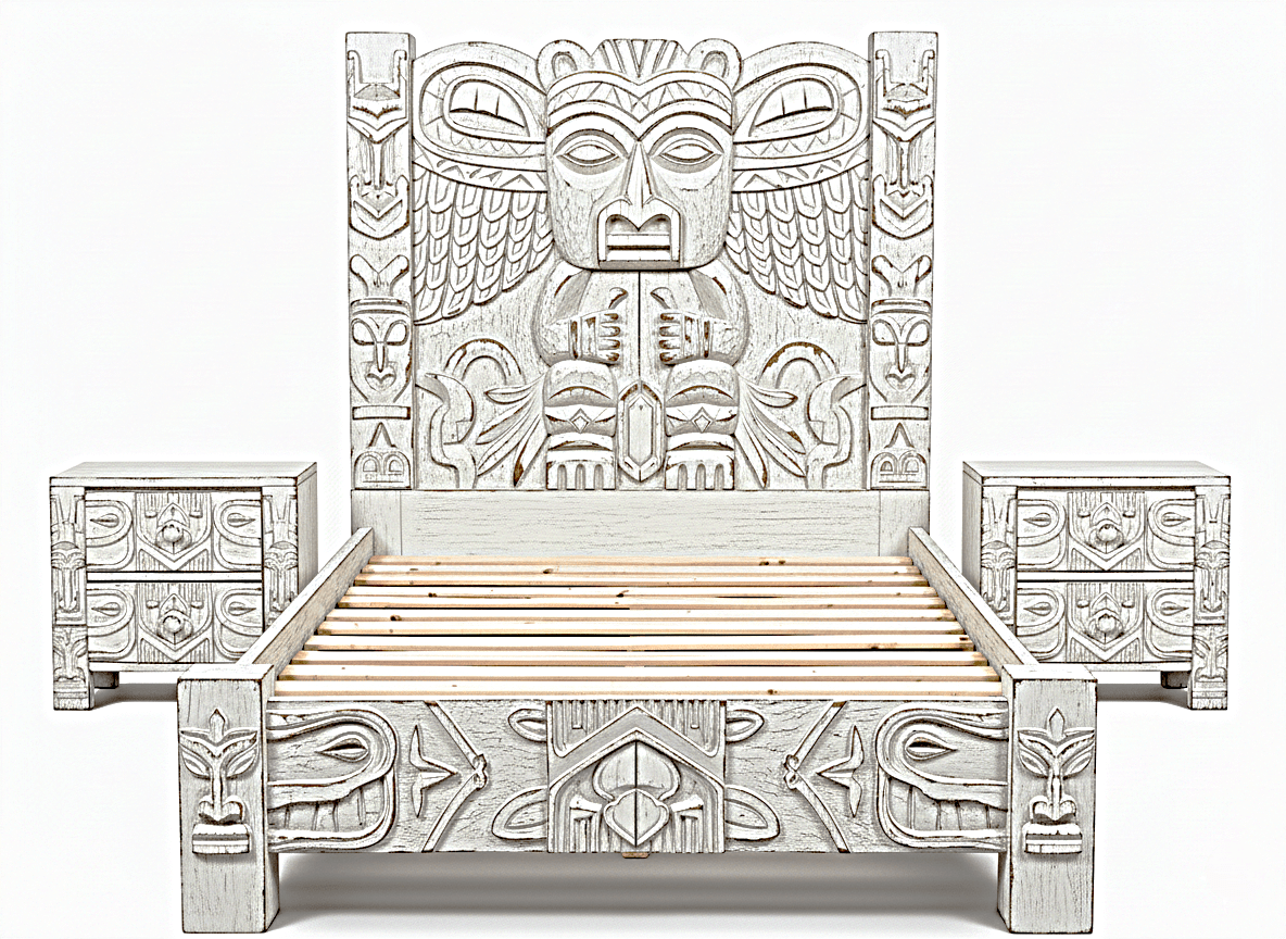 Ancestral Totem Hand-Carved Solid Wooden Gothic Platform Bed by R-Designs Furniture—handcrafted solid wood furniture