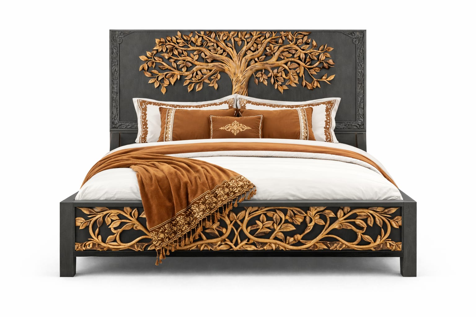 Arbor Vitae Royale™ Hand - Carved Tree of Life Solid Wood Platform Bed / Bed Collection – handcrafted solid wood furniture