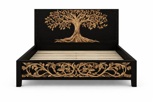 Arbor Vitae Royale™ Hand - Carved Tree of Life Solid Wood Platform Bed / Bed Collection – handcrafted solid wood furniture